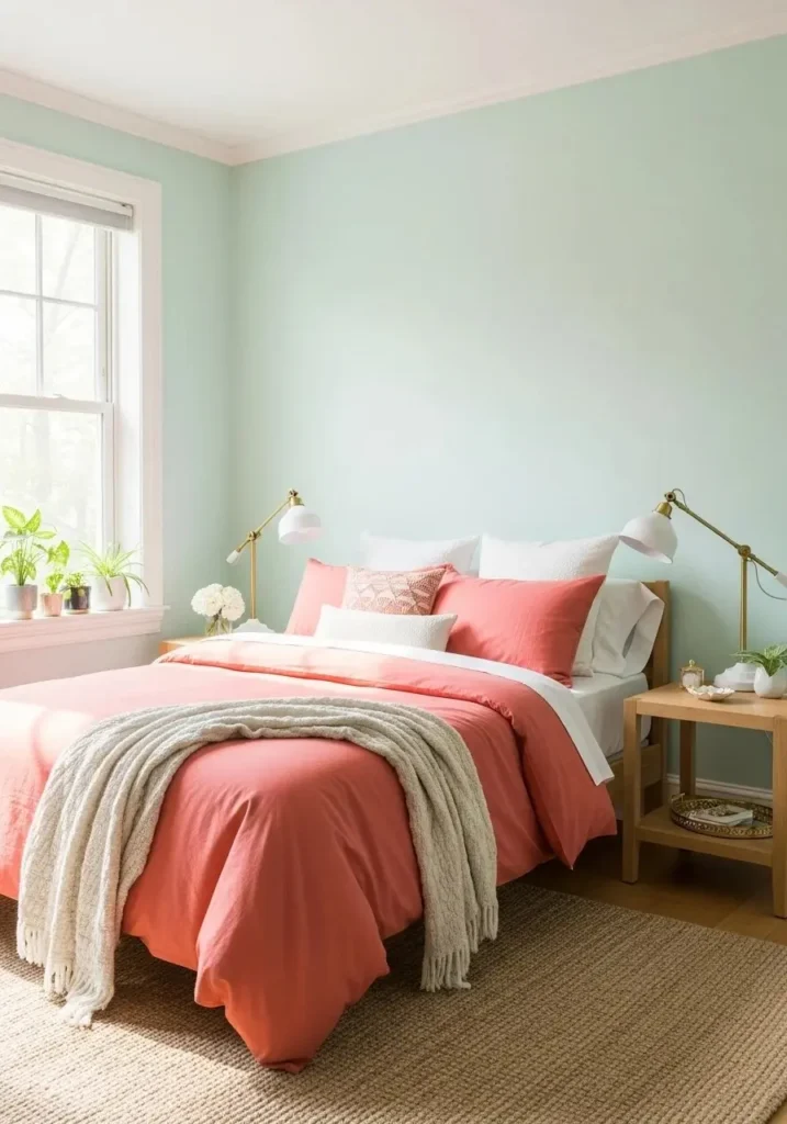Bedroom with mint green walls and coral bedding, decorated with brass lamps and soft gold accents.