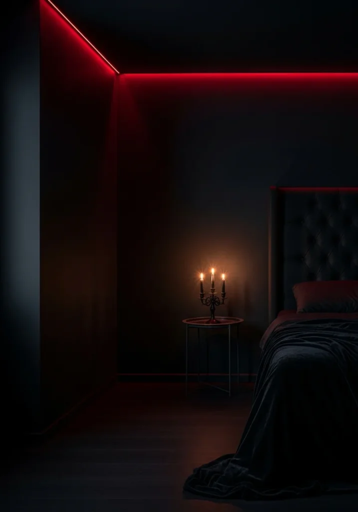 Vampire bedroom corner glowing with soft red atmospheric lighting.
