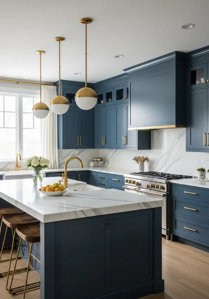 deep blue kitchen cabinets paired with white marble countertops for a timeless luxury look