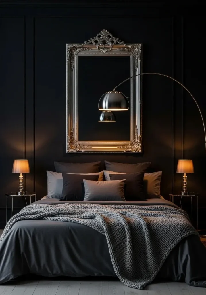 Black walls with silver accents creating a bold and cozy bedroom design