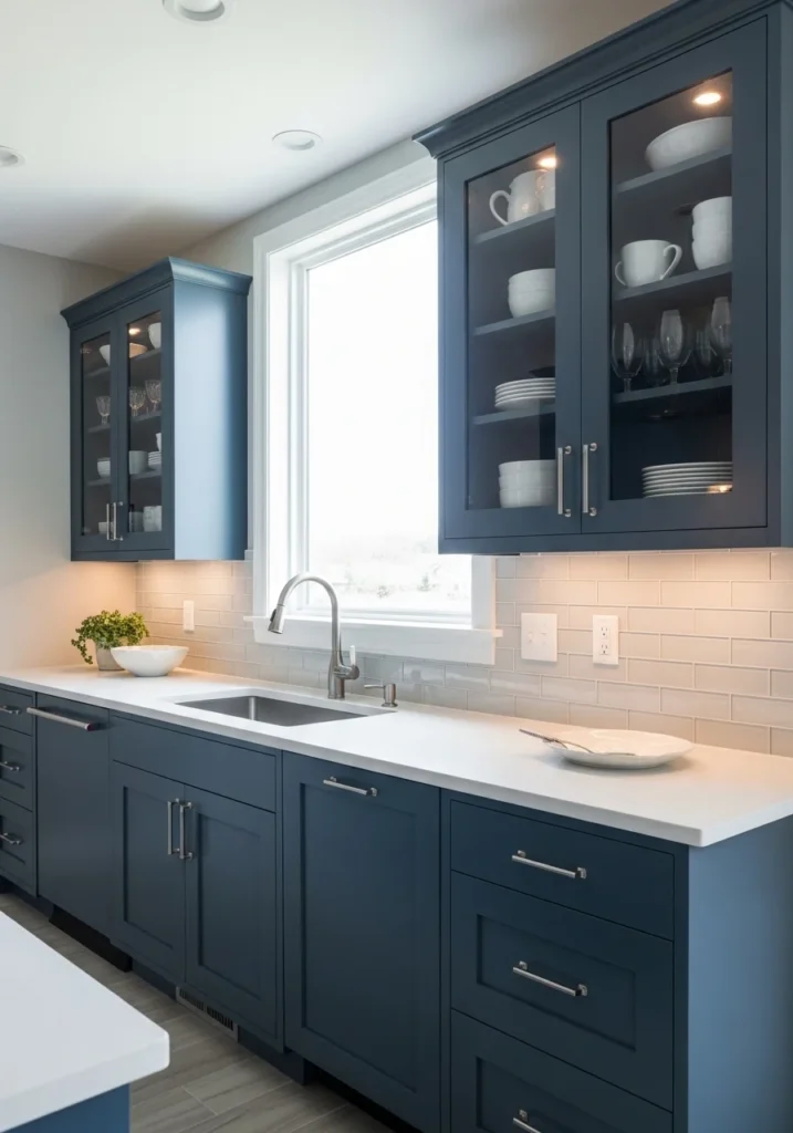 blue kitchen cabinets with glass front doors displaying organized dishware