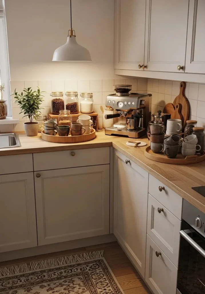 Apartment kitchen coffee corner with mugs and coffee setup creating a cozy morning space