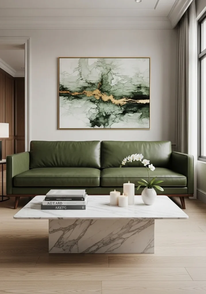 green leather couch with stylish coffee table decor centerpiece