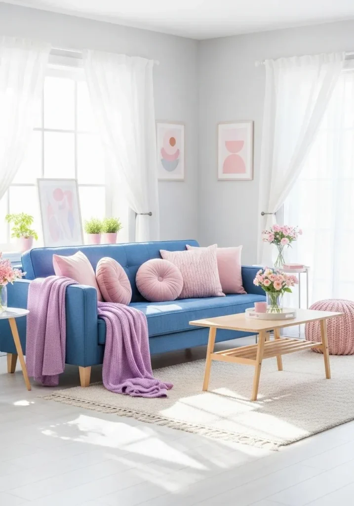 Blue couch living room with soft pastel decor like blush pink and lavender cozy accents