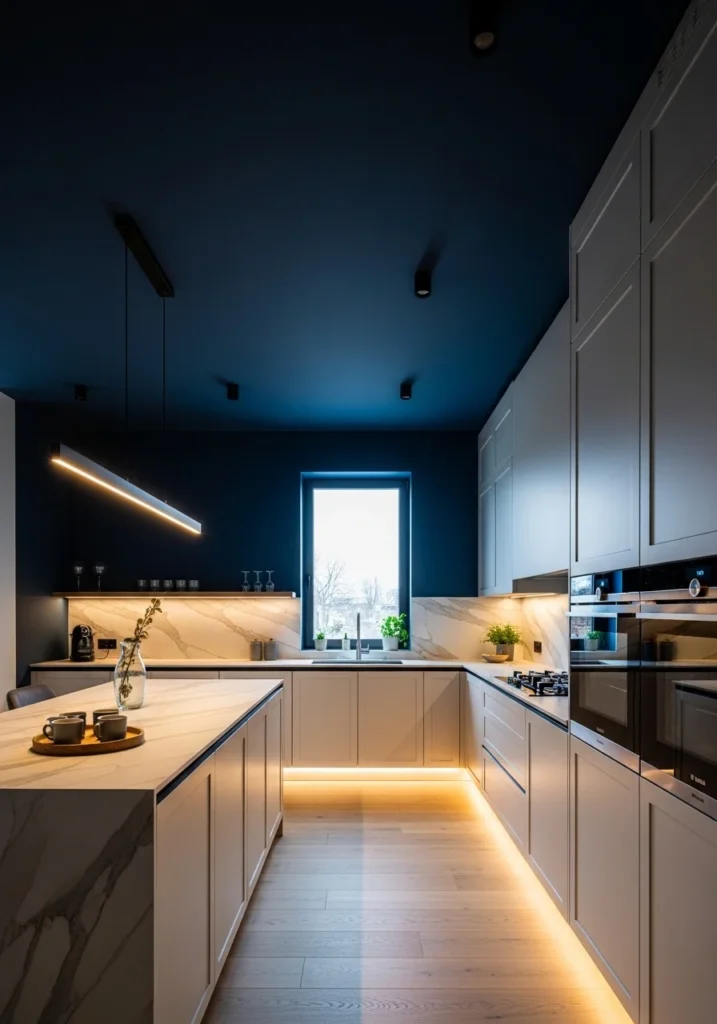 dark painted kitchen ceiling creating cozy and dramatic modern atmosphere