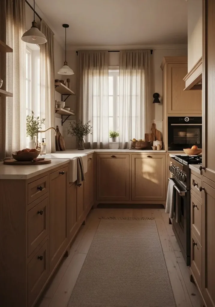 Soft textiles adding warmth to a white oak kitchen design