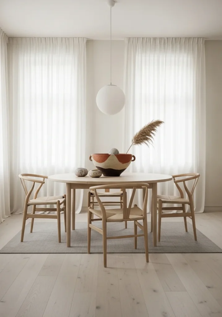 Round dining table with minimal ceramic bowl creating a clean and elegant focal point