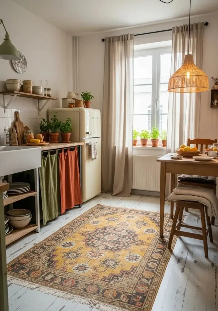 Apartment kitchen with a statement rug adding color and personality to the space