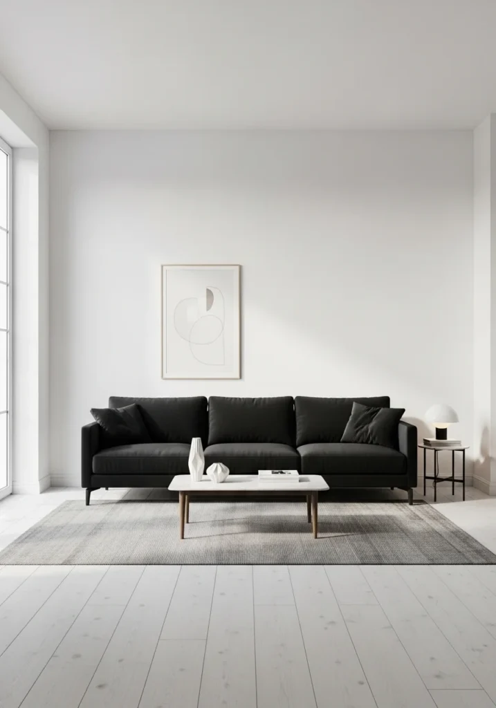 Black couch against white walls creating a bold and modern contrast in living room