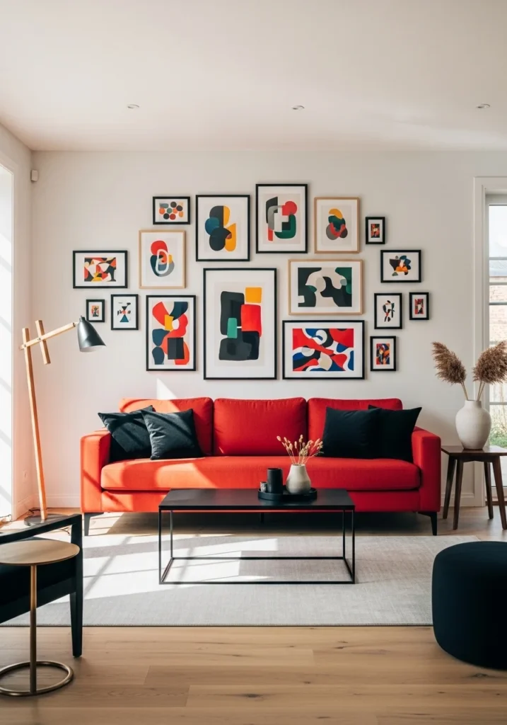 Gallery wall styling above a red couch in living room