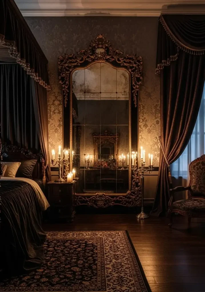Ornate gothic mirror reflecting soft candlelight in a vampire-inspired bedroom.