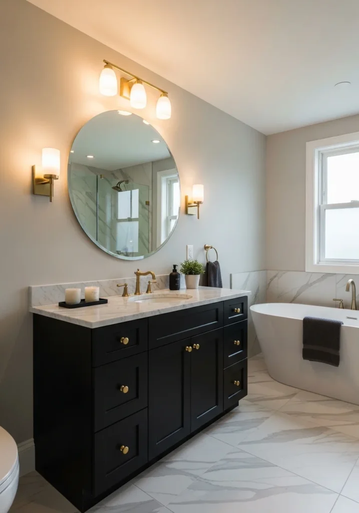 Black vanity with gold hardware and marble top