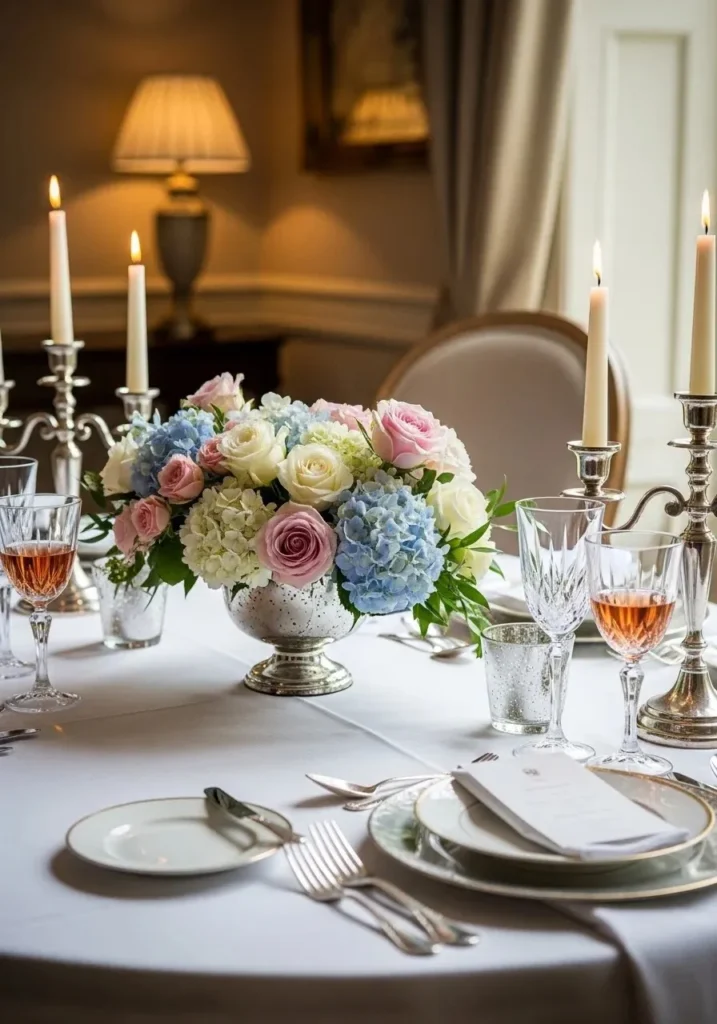 Low floral centerpiece with soft flowers on a dining table