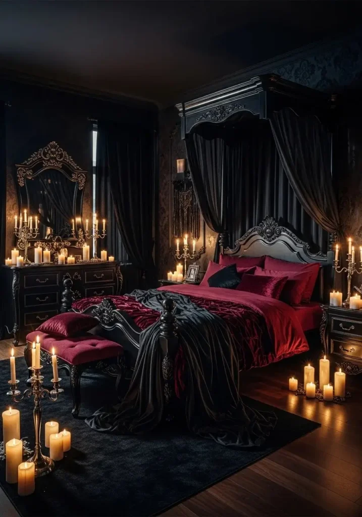 Canopy vampire bed with dark draping and soft romantic candle lighting.