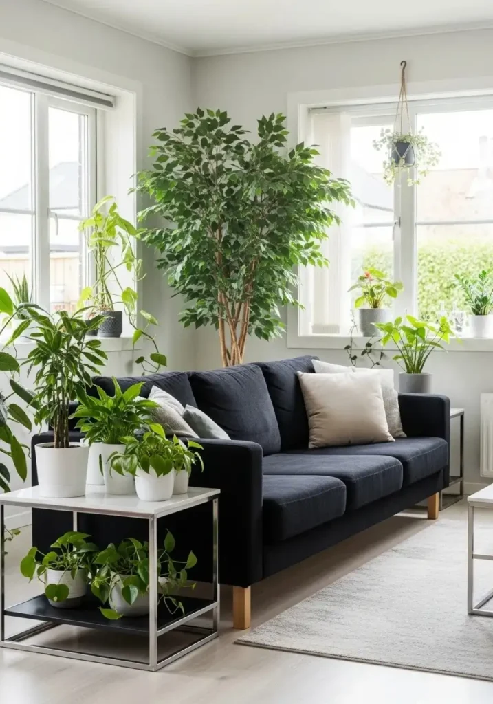 Black couch styled with green plants adding freshness and natural balance