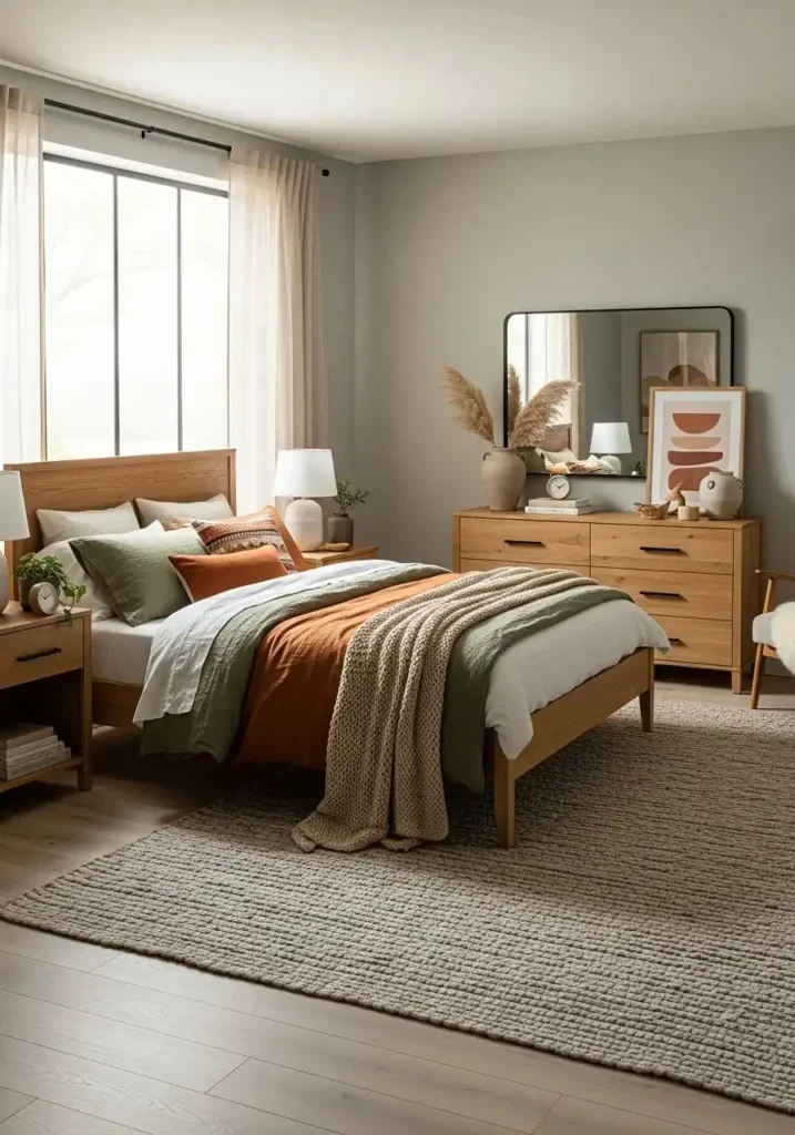 Wooden furniture with black accents creating a modern cozy bedroom