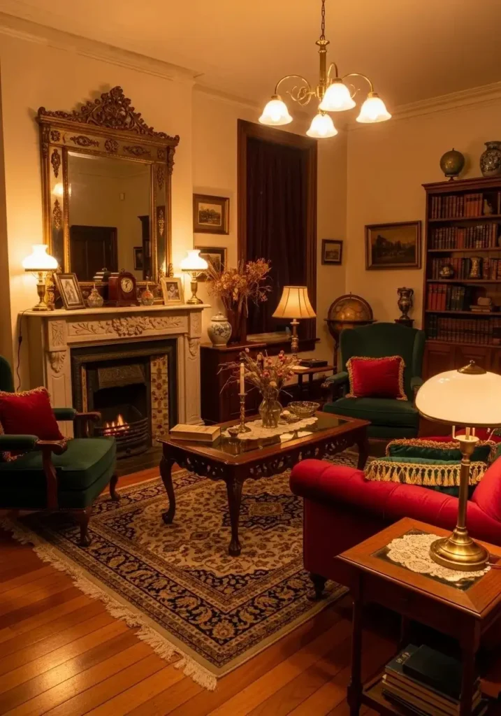 Brass and gold accents enhancing vintage living room style