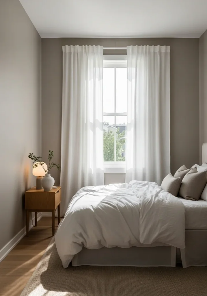 Taupe bedroom with white bedding and soft natural light for a calm and airy look