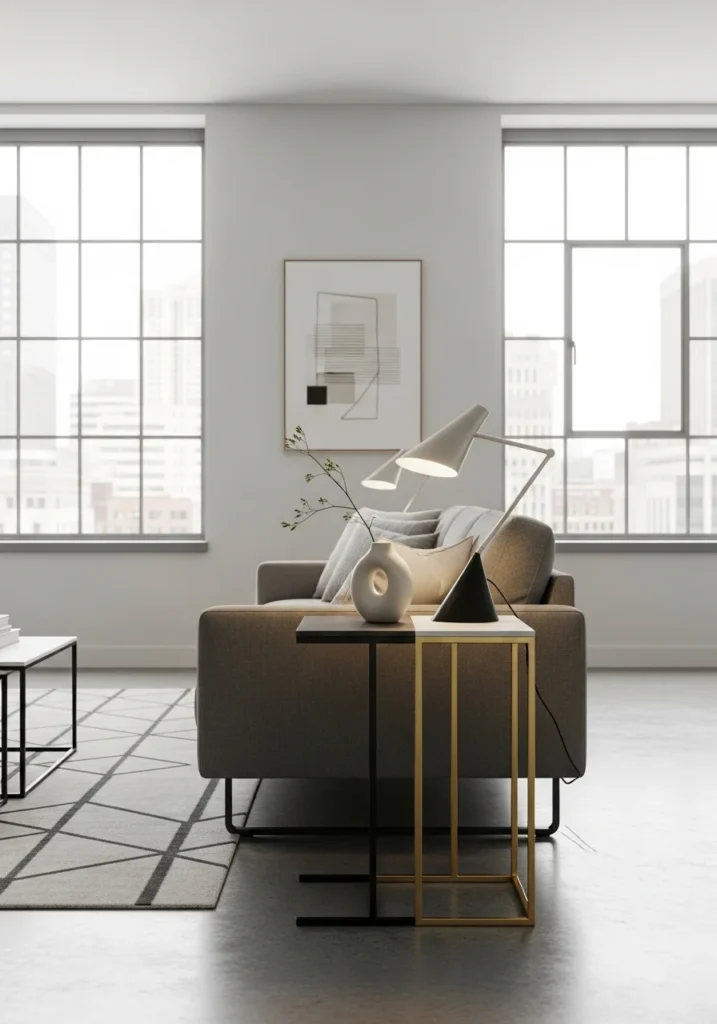 Metal side table adding a modern edge to living room design.