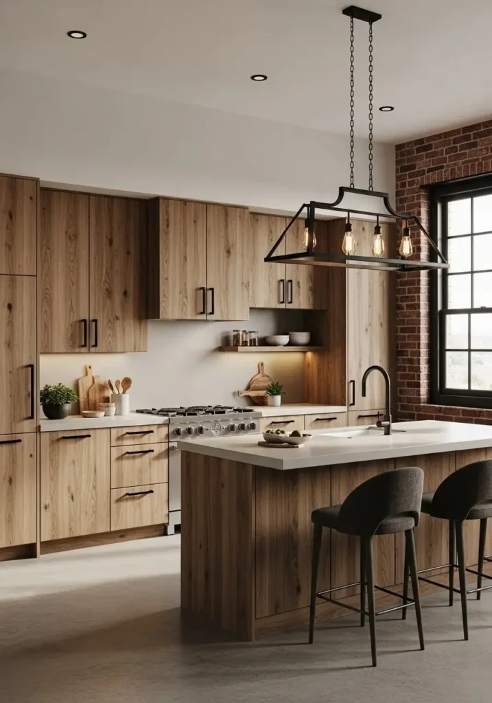 Kitchen featuring warm wood cabinets with black industrial hardware, blending natural warmth with modern industrial style.