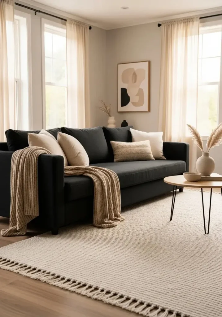 Black couch styled with beige and cream decor creating a soft and balanced cozy living room