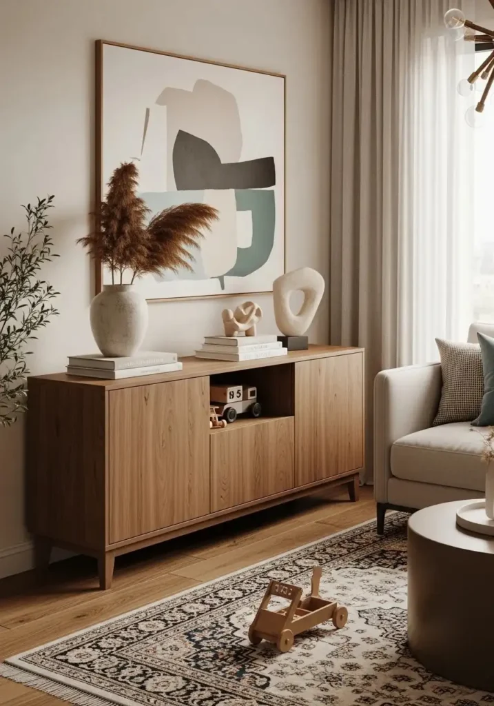 Sideboard cabinet used for hidden toy storage in living room.