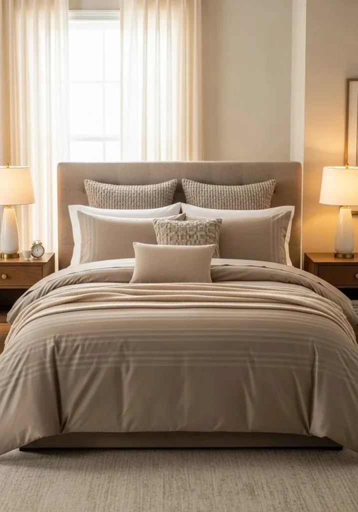 Taupe bedding with subtle patterns for a soft and elegant bedroom style