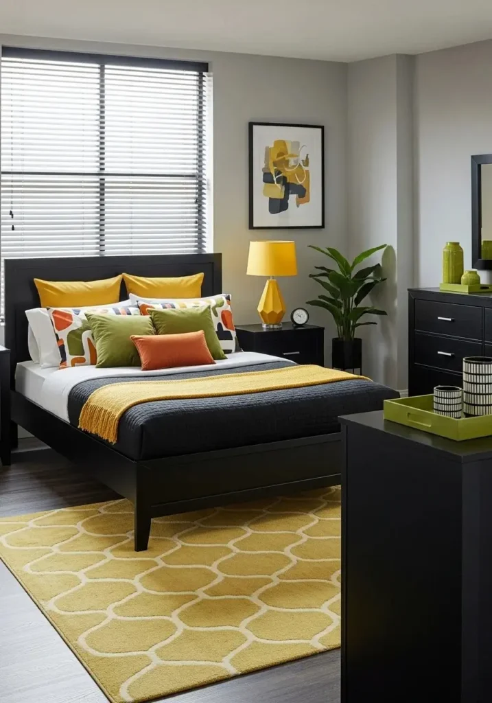 black furniture bedroom with pop of color modern decor ideas