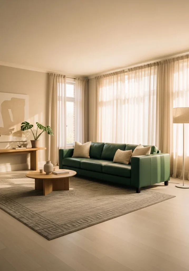 green leather couch in neutral beige living room with soft cozy styling