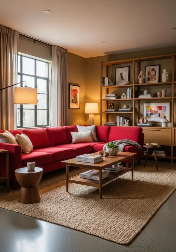 Red couch paired with warm wooden furniture in a cozy living room