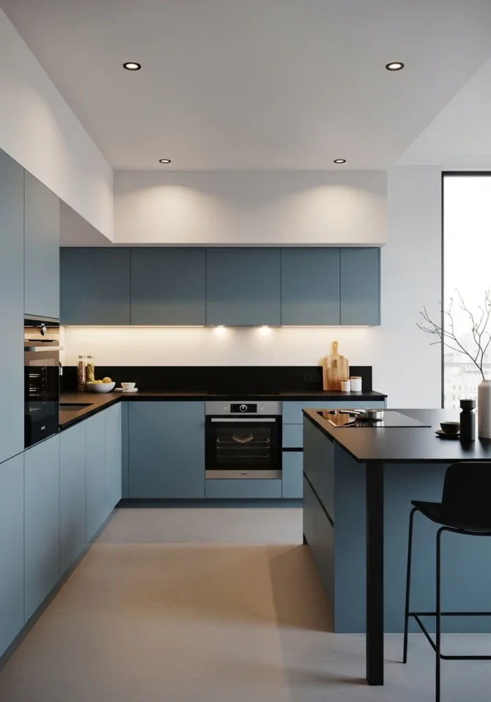 matte blue kitchen cabinets with a modern minimalist design and sleek finish