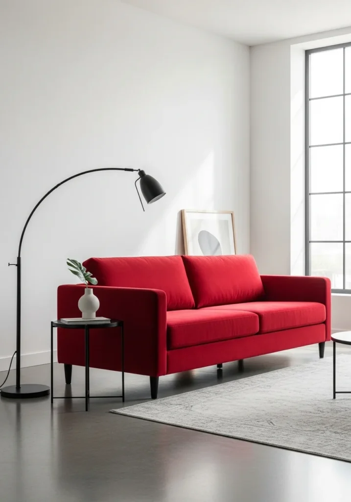 Red couch with black accents creating a modern living room look
