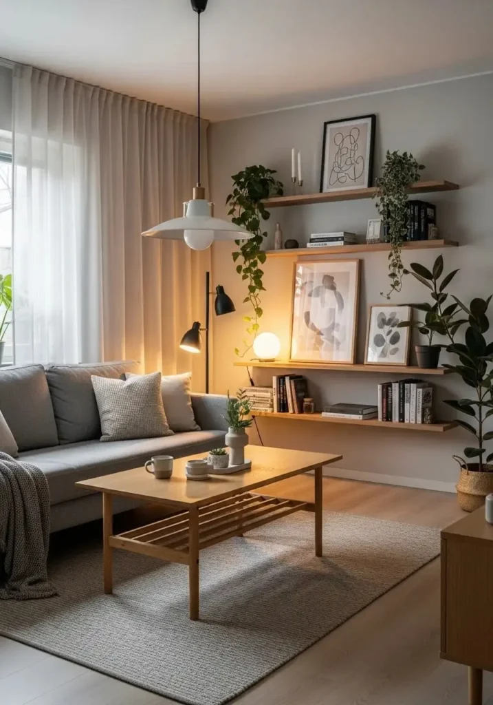 Grey couch living room with wooden coffee table and warm natural Scandinavian decor