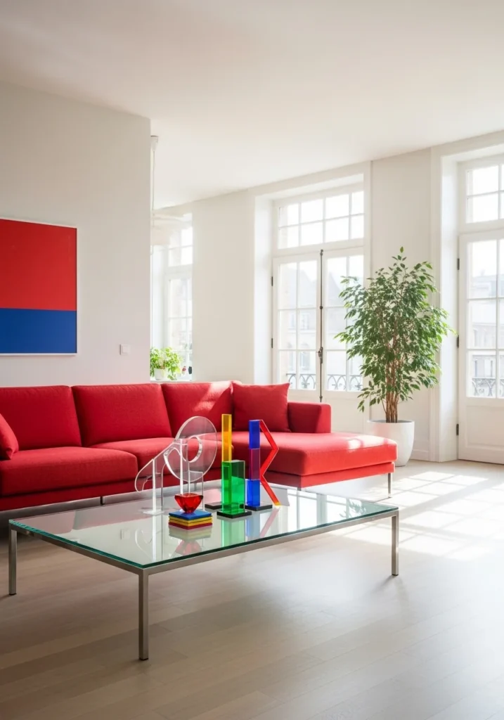 Light materials balancing a bold red couch in living room