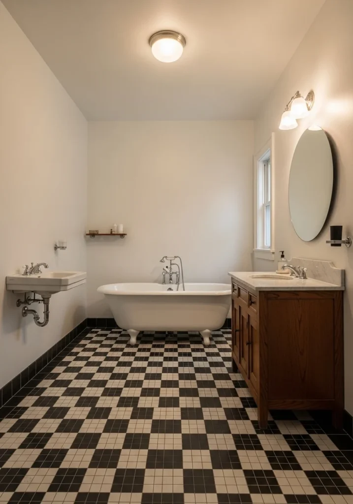 Black and white checkerboard bathroom floor with timeless design style.