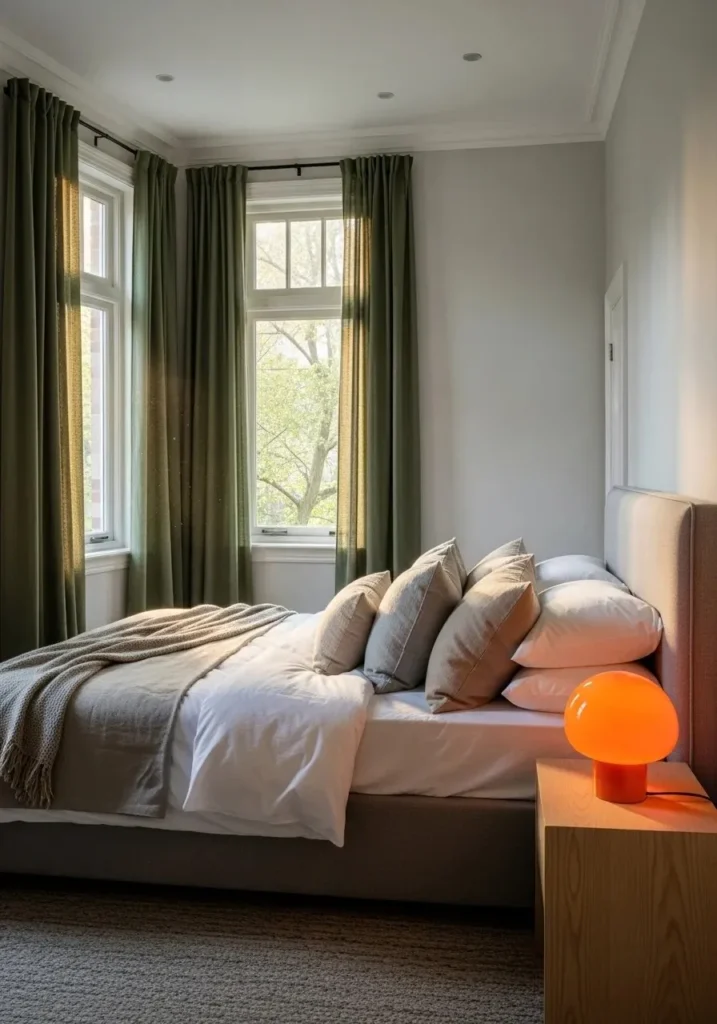 Bedroom with green curtains and subtle orange d&eacute;cor accents, balanced and inviting.