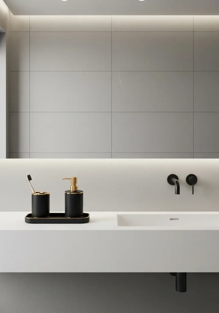 Minimal black and gold bathroom accessories styling