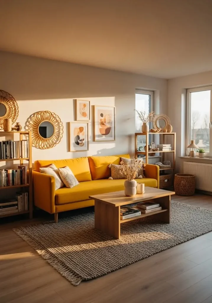 Yellow couch living room with natural wood coffee table, oak shelves, and warm Scandinavian interior decor
