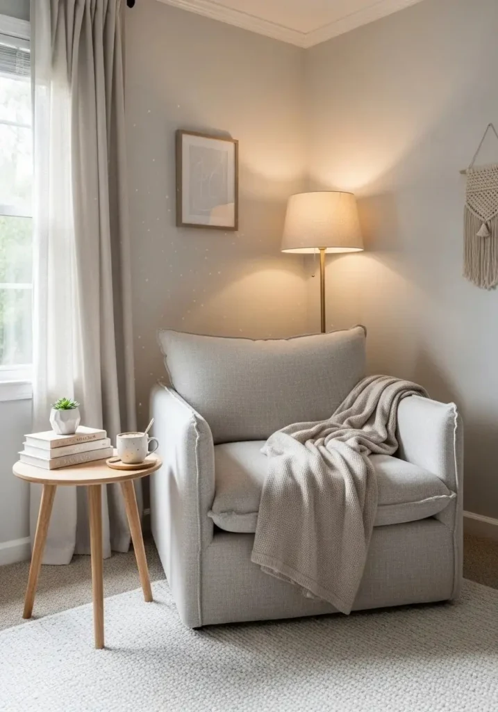 Cozy bedroom reading nook with armchair, warm lighting, and soft neutral decor in a stylish corner setup.