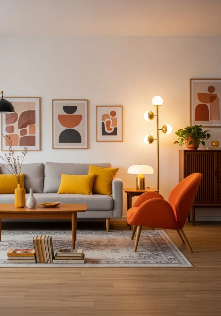 Mid century living room with mustard and burnt orange color accents