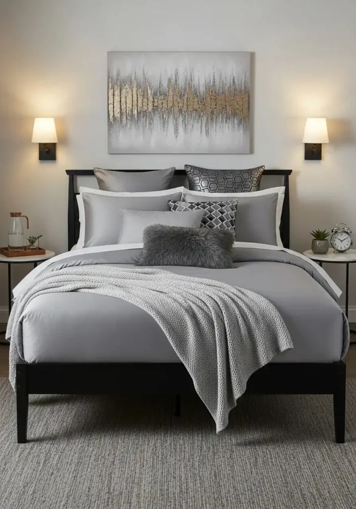 Silver bedding on black bed frame for a sleek and balanced bedroom look