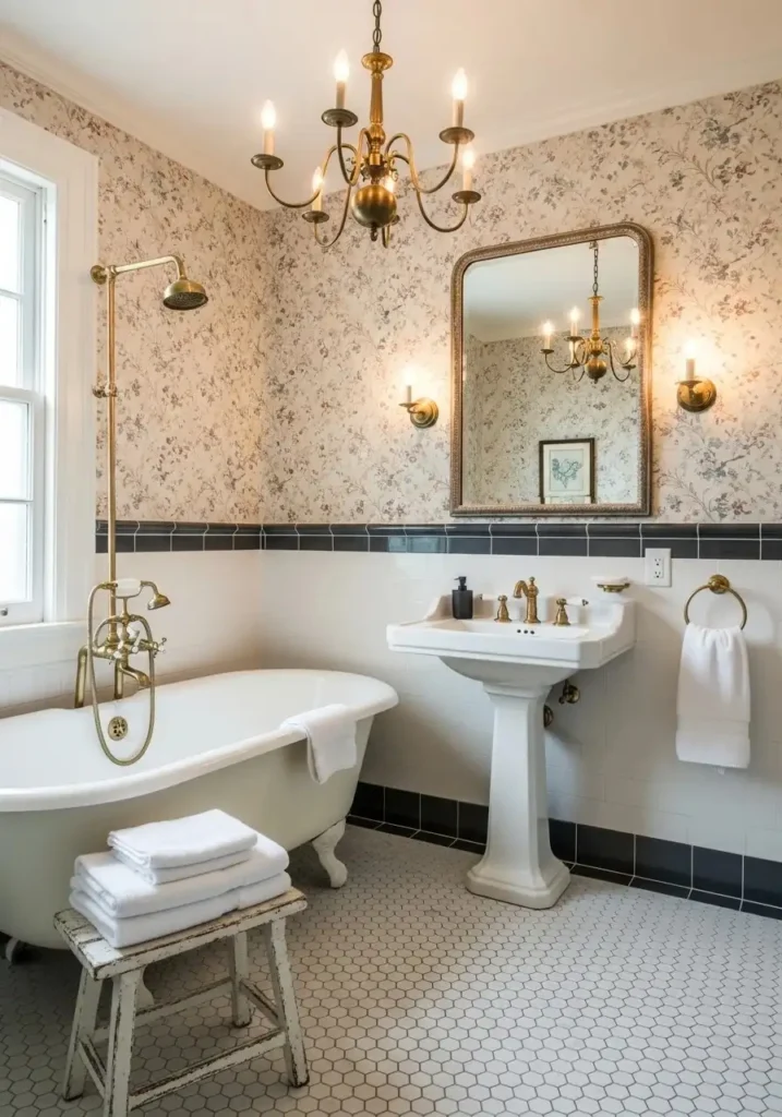 vintage inspired bathroom wallpaper with classic patterns and brass accents