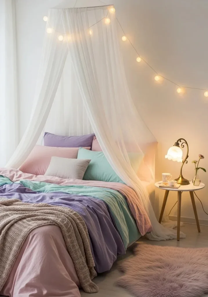 Bedroom corner bed canopy with soft flowing fabric creating a dreamy cozy retreat.