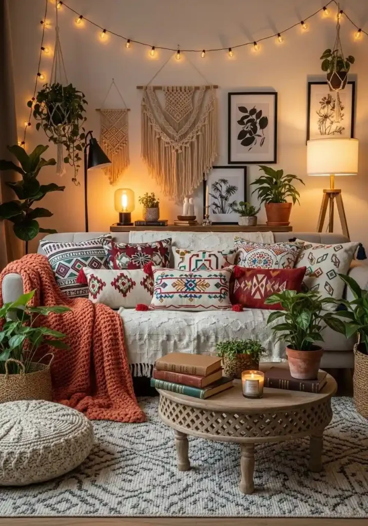 Colorful and patterned throw pillows layered on a neutral sofa add personality to a boho living room.
