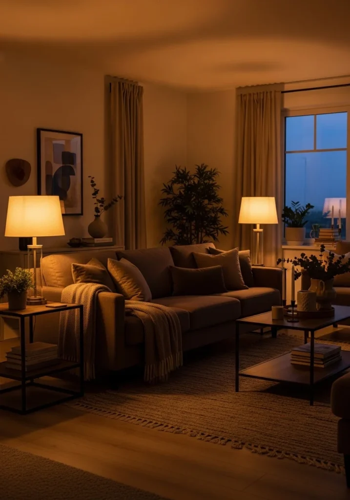 brown couch living room with warm lighting and cozy ambiance