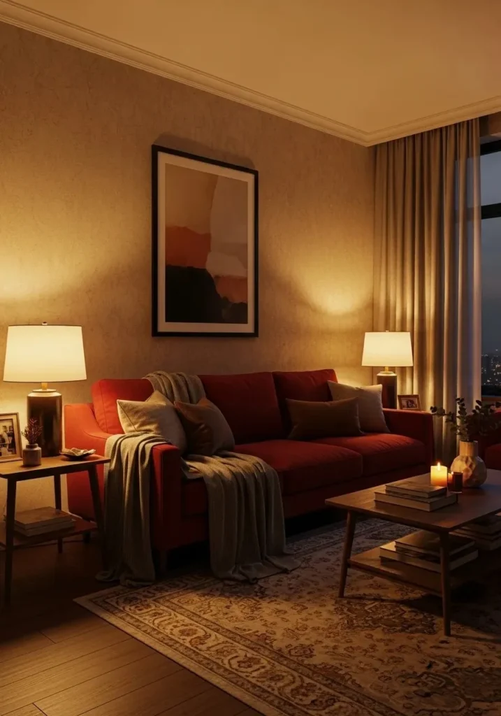 Warm lighting enhancing a red couch in cozy living room
