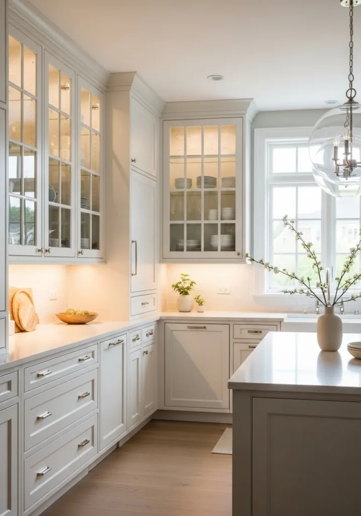 Glass cabinet doors in a white oak kitchen showing styled interior