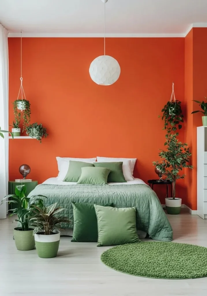 Bedroom with bright burnt orange walls and green accents, including cushions and plants for contrast.