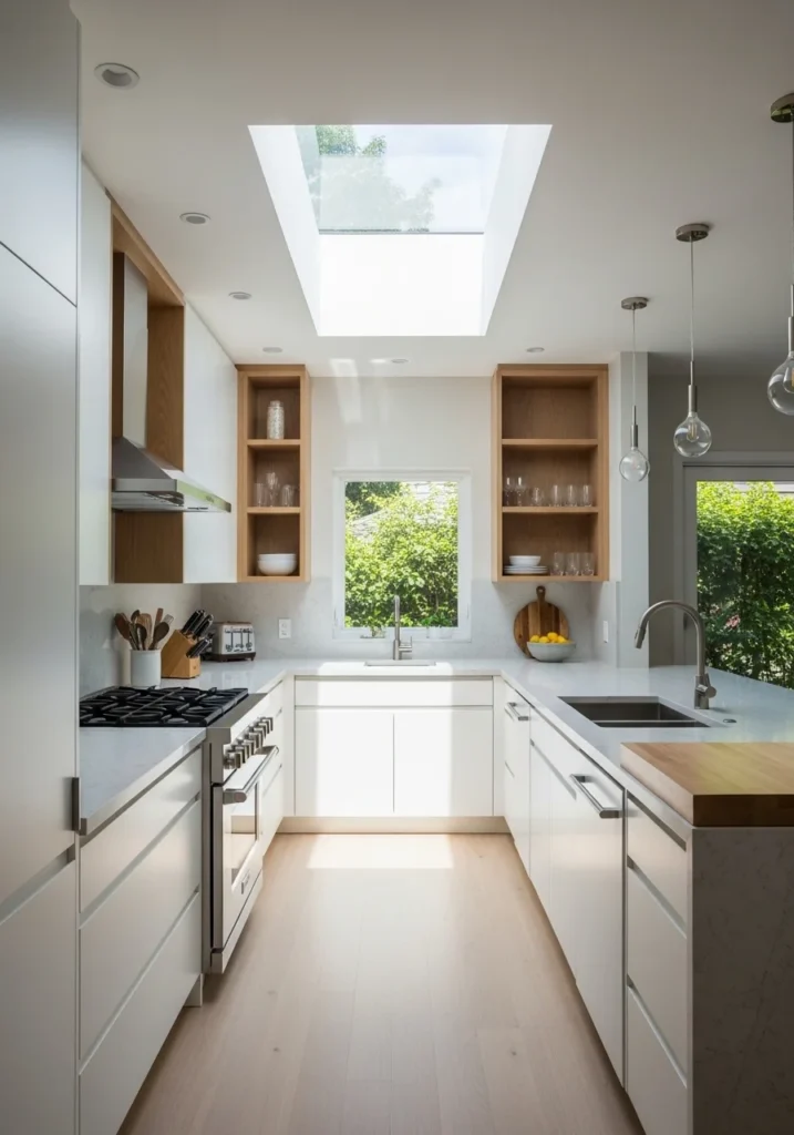 Galley kitchen illuminated by a skylight, making the narrow kitchen feel open and airy.