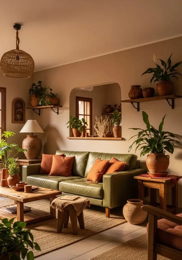 earthy green leather couch living room with warm natural tones